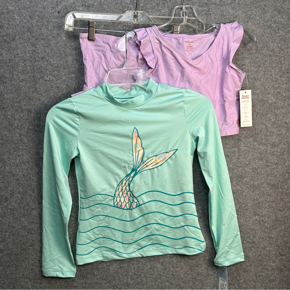 Girls 3 Piece Swim Size 7-8 HoneyMark Lavender Suit Cat Jack Teal Rash Guard New